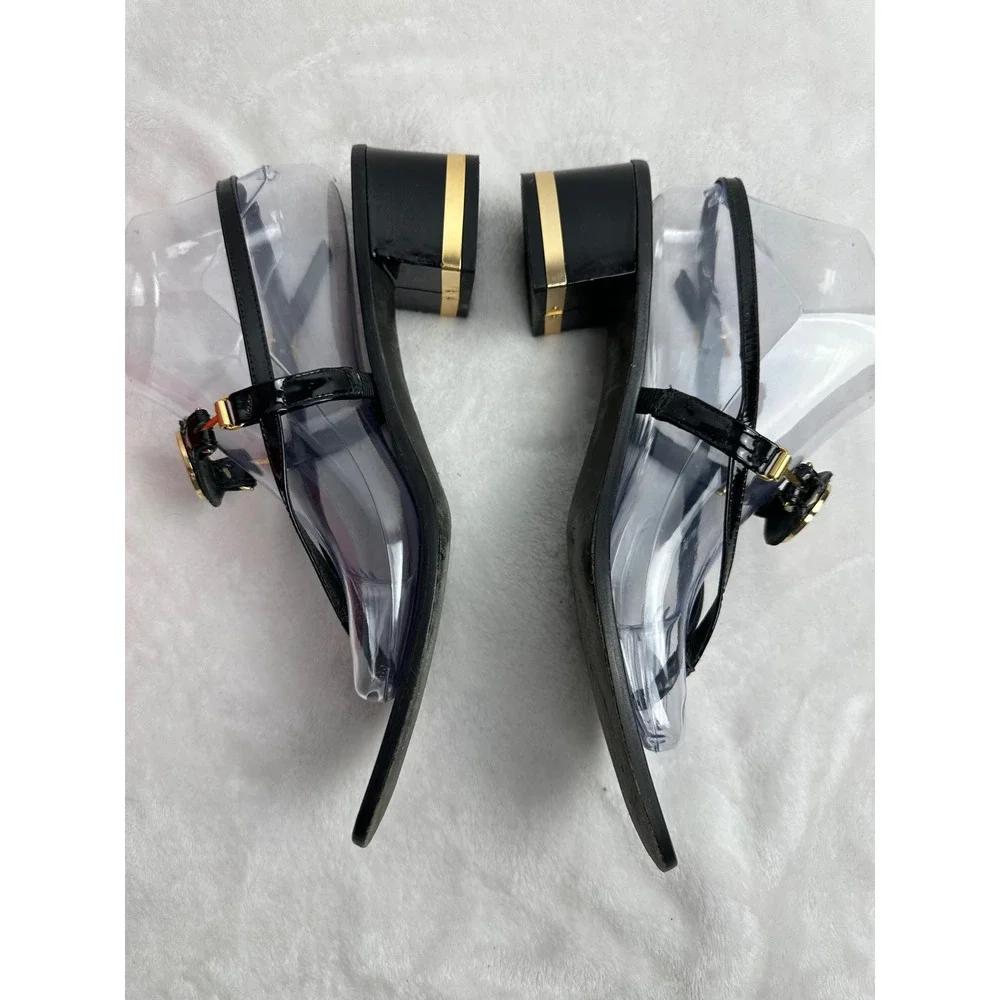 Tory Burch Block Heel Sandals Womens 9.5M Black Good Patent Leather Logo Thong